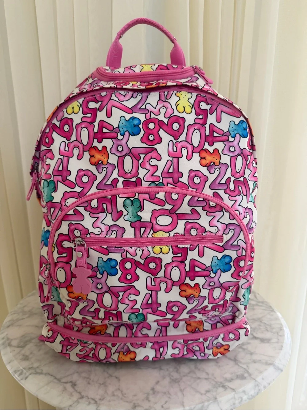 Tous Pink Kids Rolling Backpack with Colorful Number & Bear Print